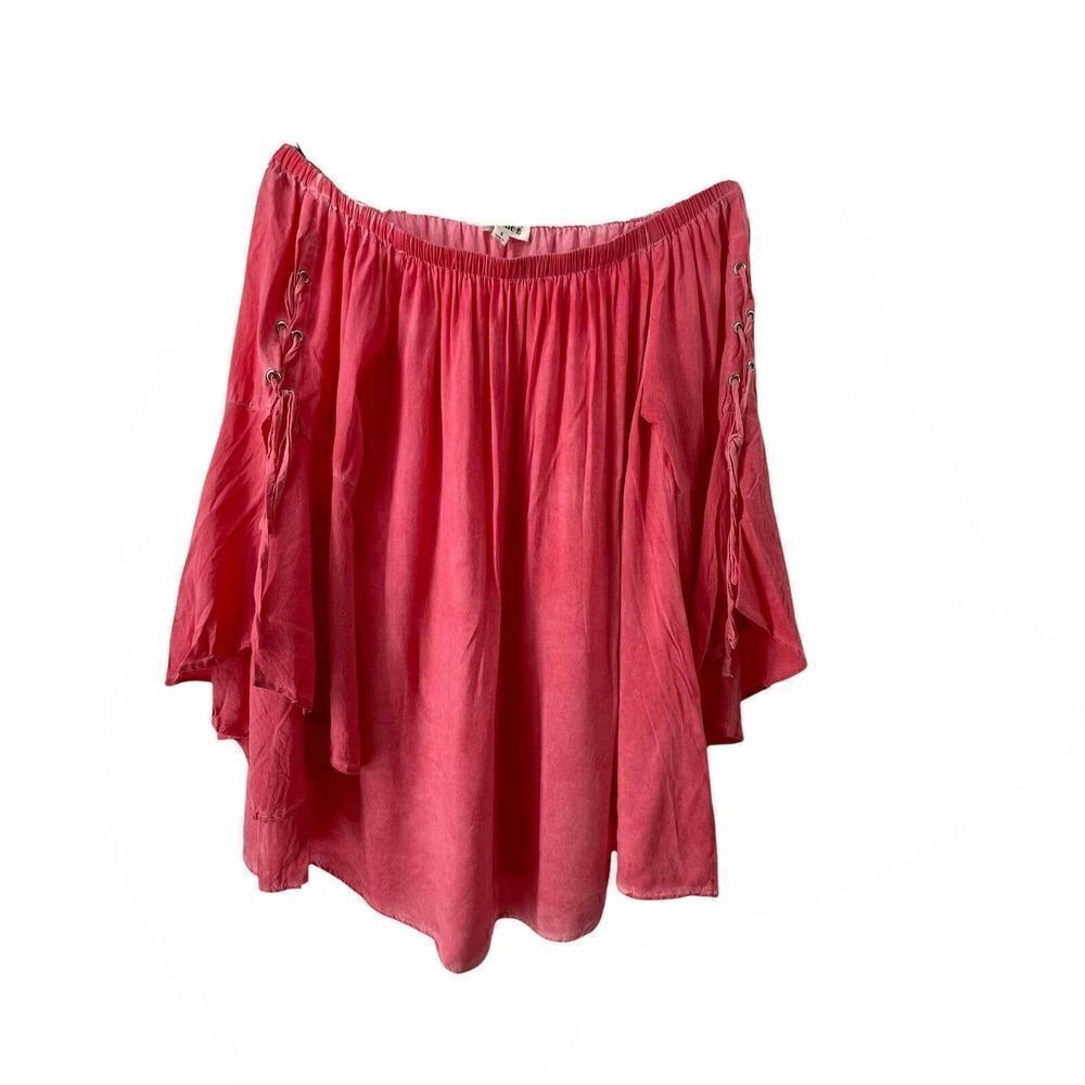 Pink Off The Shoulder Flare Sleeve Blouse Womens Size S Laced Sleeve Boho Top